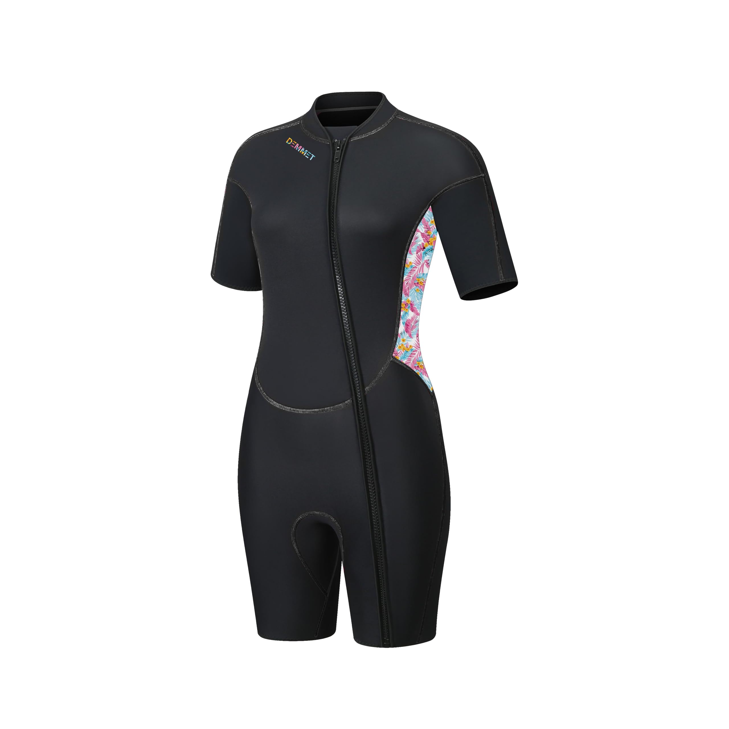 Combinaison de plongée pour Femmes 1.5mm Manches Courtes imprimé Rose et Bleu ajustée Protection Contre Les UV Chaude Haute élasticité Fermeture éclair Frontale