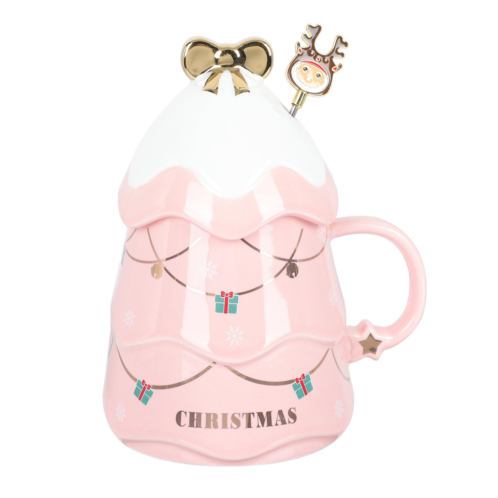Taza de Cerámica Navideña con Diseño de Árbol, Capacidad 500ml, Resistente al Calor, con Tapa y Cuchara para Obsequio en Navidad