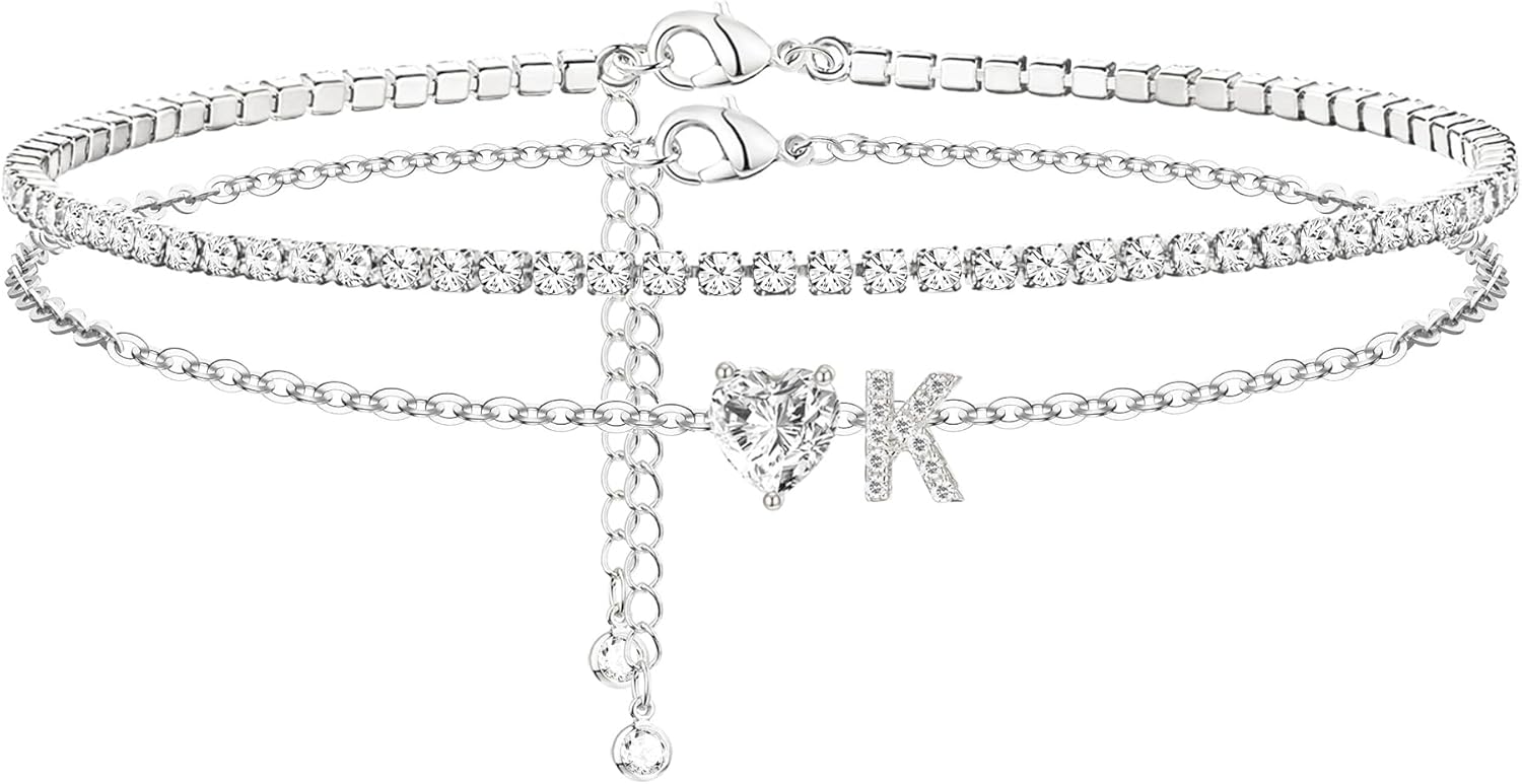 Heart Initial Silver Anklets for Women Waterproof Dainty Silver Plated ankle bracelets for women Large Ankle Women's Anklets Tennis ankle bracelets Non Tarnish Summer Beach Foot Jewelry