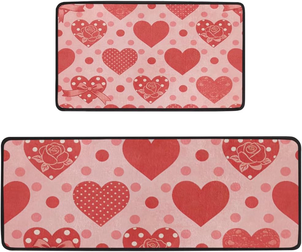 Anti Fatigue Pink Heart Floral Print Kitchen Mats for Floor 2 Piece Set, Waterproof Non Slip Boho Kitchen Floor Rugs, Comfort Standing Mat for Sink Laundry & Home Kitchen 17"x47"+17"x29"
