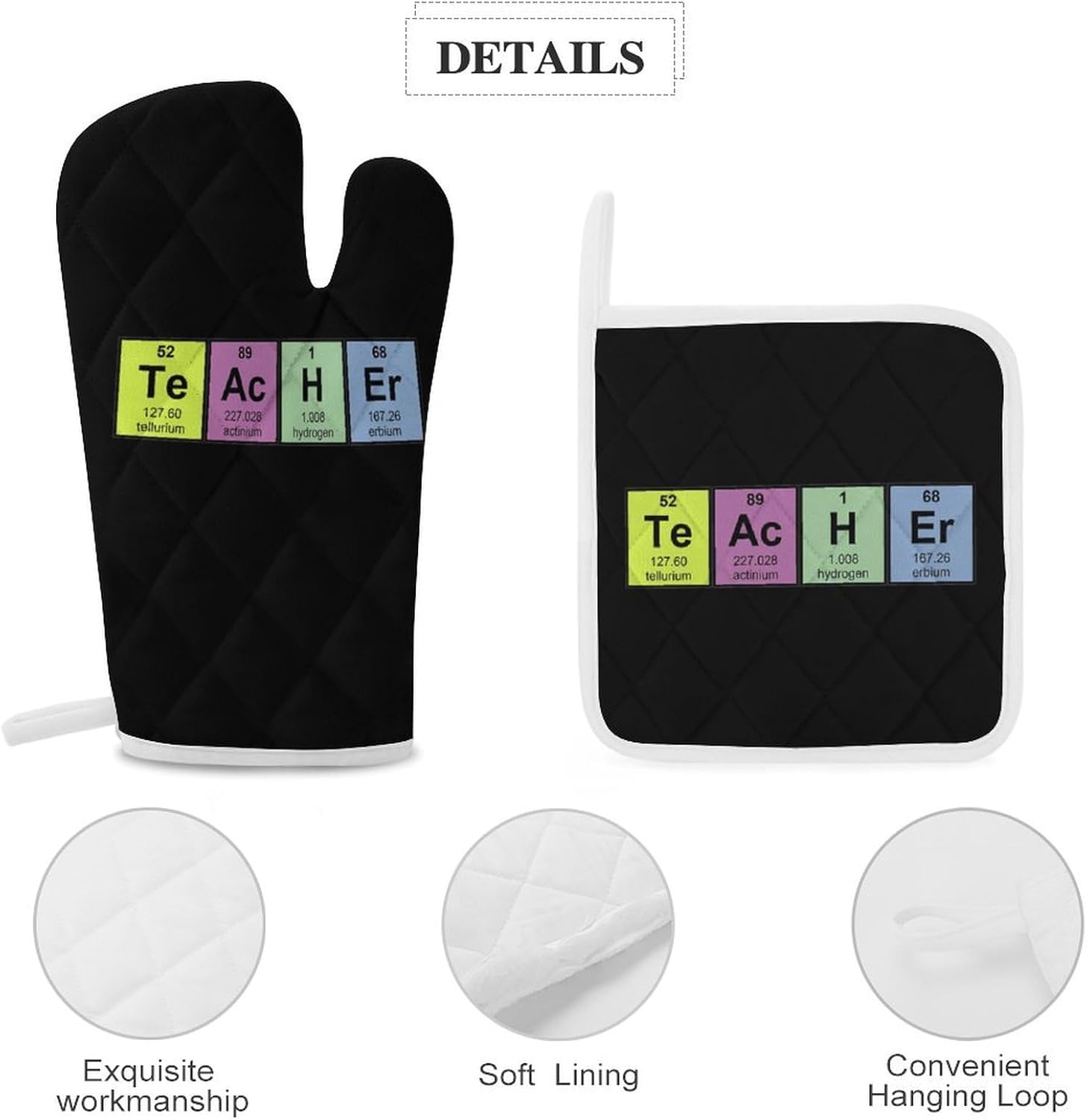 Science Teacher Chemical Elements Print Oven Mitts and Pot Holders 3 Piece Sets Heat Resistant Gloves Hot Pads Potholders for Kitchen Baking Cooking