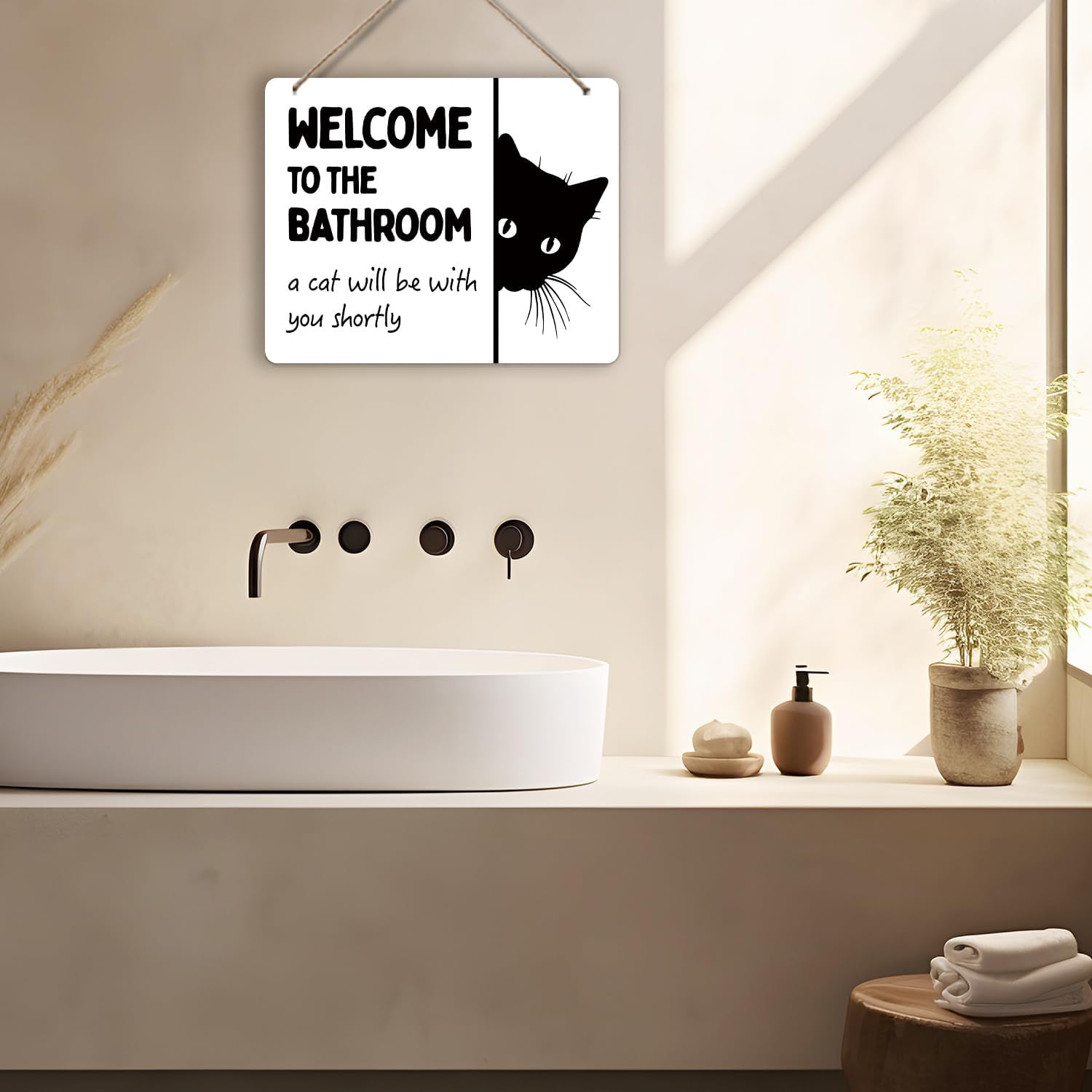 Udinaz Funny Black Cat Welcome Hanging Sign for Bathroom, Funny Bathroom Wall Decor, Humorous Black Cat Hanging Wood Plaque Decor for Bath Room Washroom Wall Door Decorations - Image 5