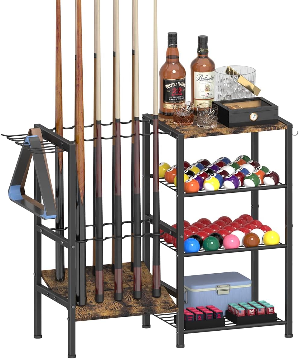 Pool Stick Holder for 10 Cue Sticks, Pool Cue Rack Floor Stand with 4-Tier Storage Shelf for Billiard Accessories, Billiard Equipment Organizer for Game Room Club or Men Cave, Black