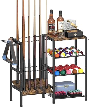 Pool Stick Holder for 10 Cue Sticks, Pool Cue Rack Floor Stand with 4-Tier Storage Shelf for Billiard Accessories, Billiard Equipment Organizer for Game Room Club or Men Cave, Black