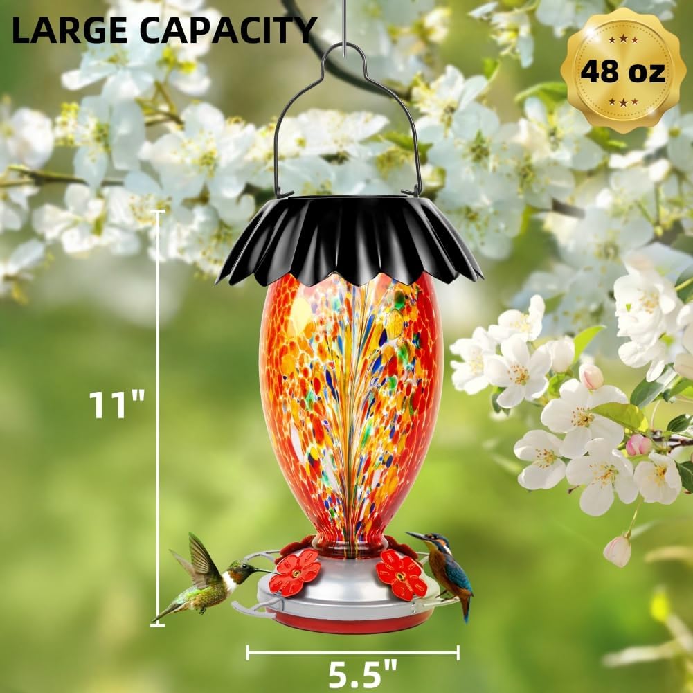 Solar Hummingbird Feeder for Outdoors Hanging Colorful Lighting 32 Oz Hand Blown Glass Hummingbird Feeder for Garden Decoration with Accessories (Firework)