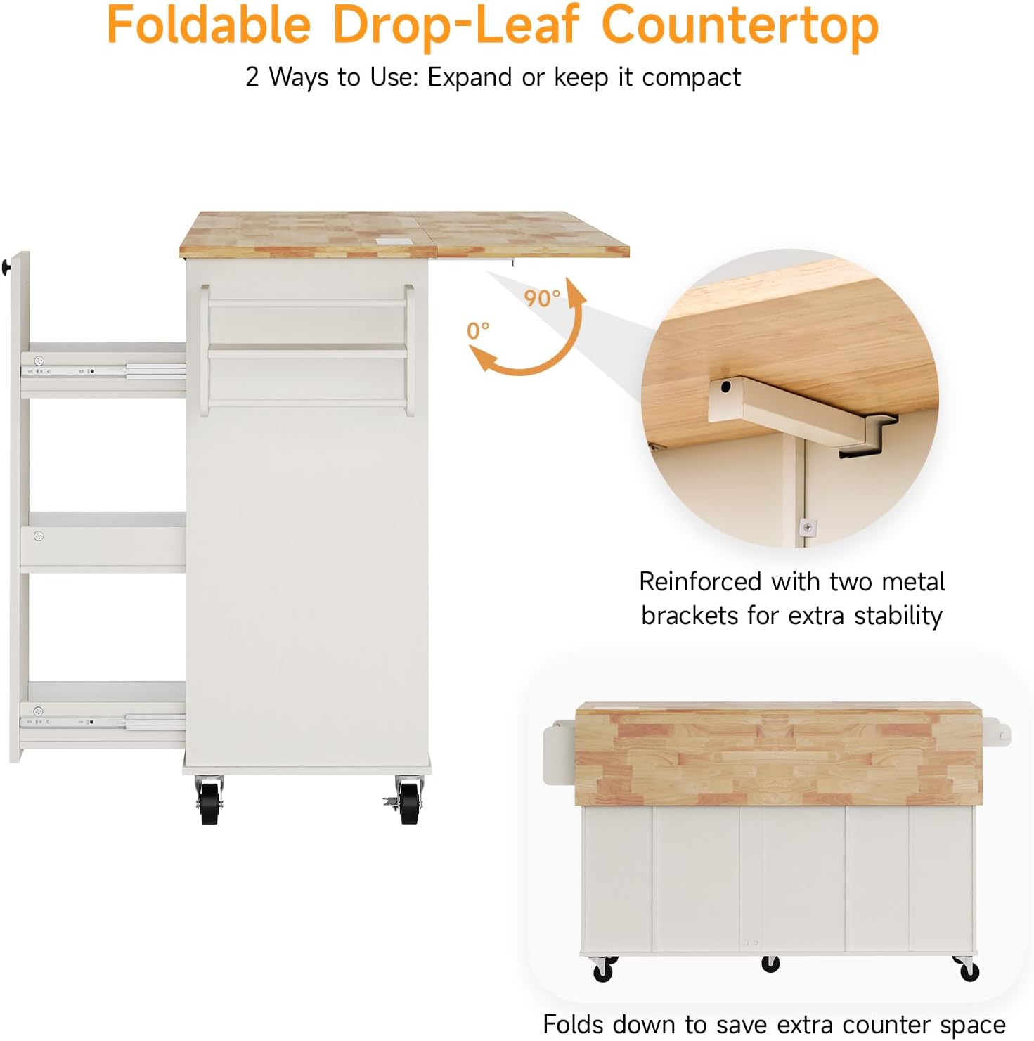 Kitchen Island with Storage, Island Table for Kitchen with Drop Leaf and Power Outlet, Rolling Kitchen Island with Trash Cabinet, Spice Rack & Towel Rack, White