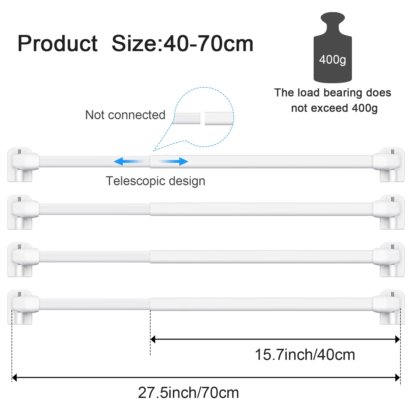 Jetec Bastone per Tenda Estensibile di Tensione Bastoncini per Tende con Ganci Adesivi Asta Regolabile per Tende Palo per Tende di Plastica per Porta Finestra Armadio, 40-70 cm(Bianco,8)