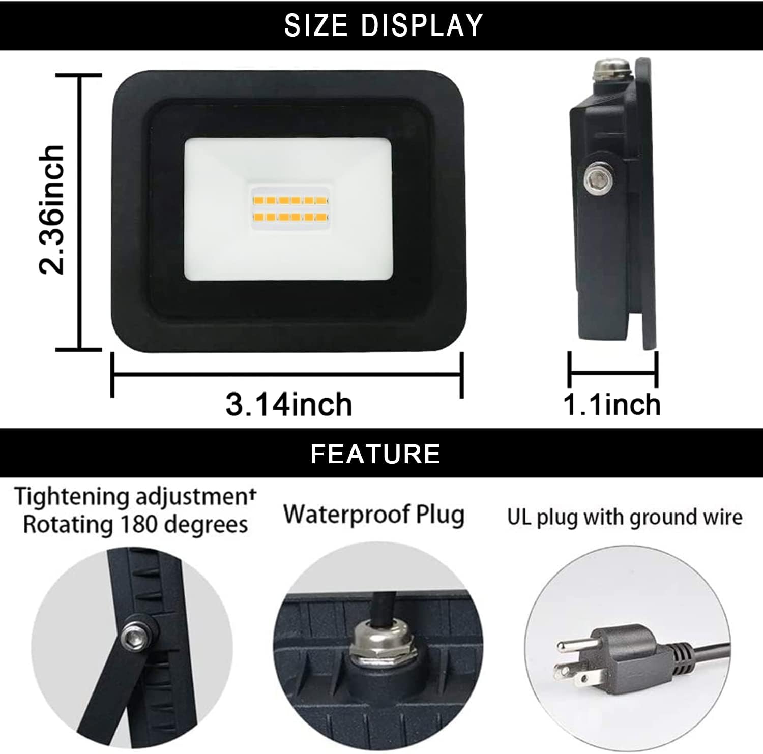MIWAT 2Pack 10W Plug in LED Flood Light, Warm White LED Work Light, IP68 Waterproof Outdoor Floodlights for Terraces, Studios, Pathway