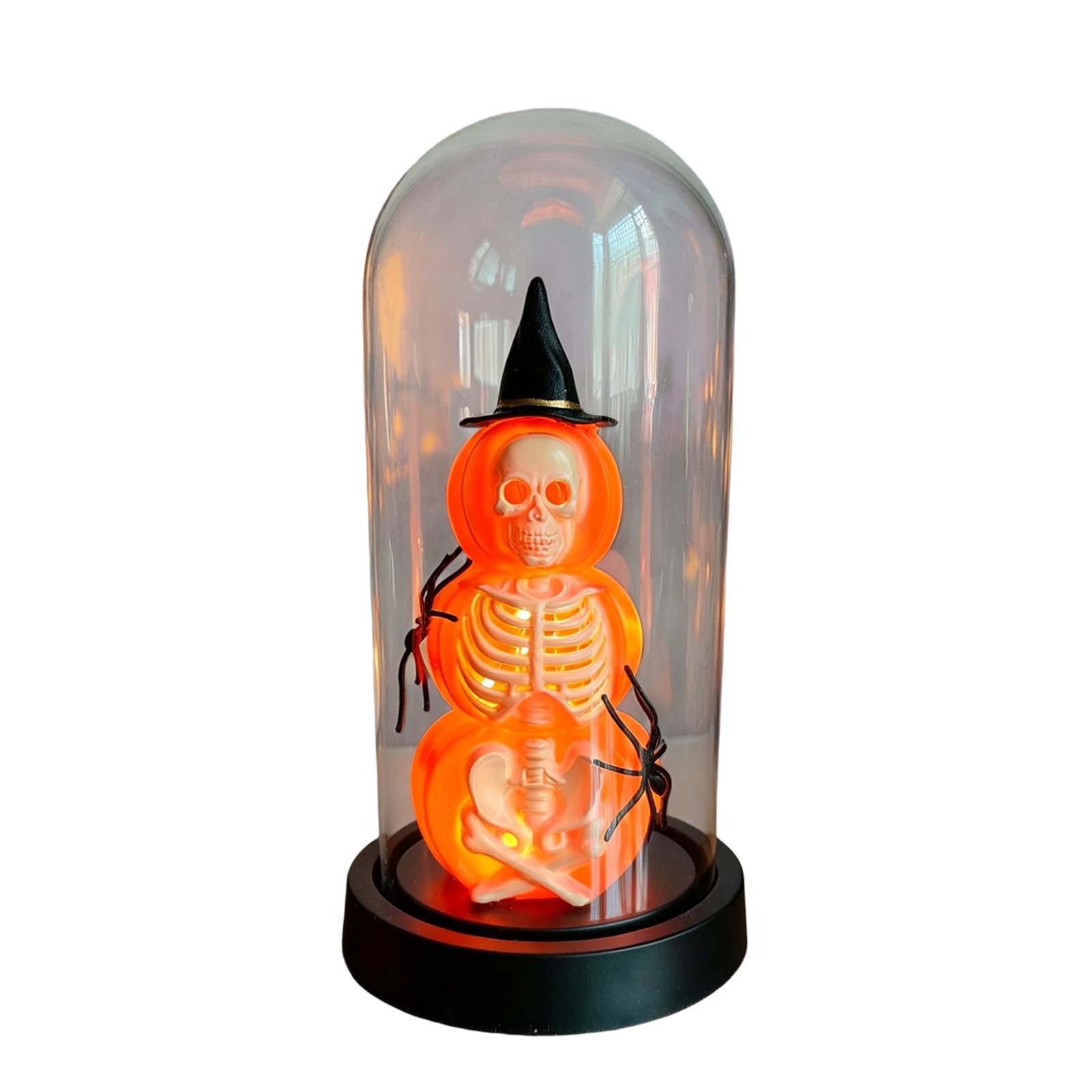 Mekalero Tabletop Glass Dome Decor with Glowing Pumpkin Skeleton, Indoor Halloween Display Accent for Parties, Shelves and Desks Mantel Accent