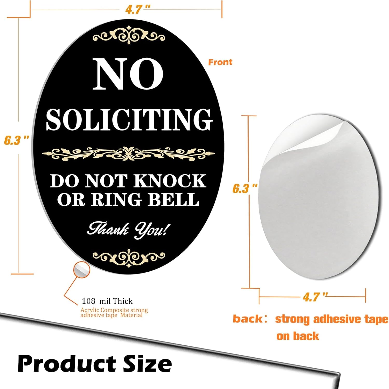 2 Pack Elegant Acrylic Sign for Front Door， no soliciting sign for house decor home decor，Don't knock or ring doorbell，Self-Adhesive No Solicitors for Home, Office, House Entry – 6.3"x 4.7",easy to install，easy to read（Black）