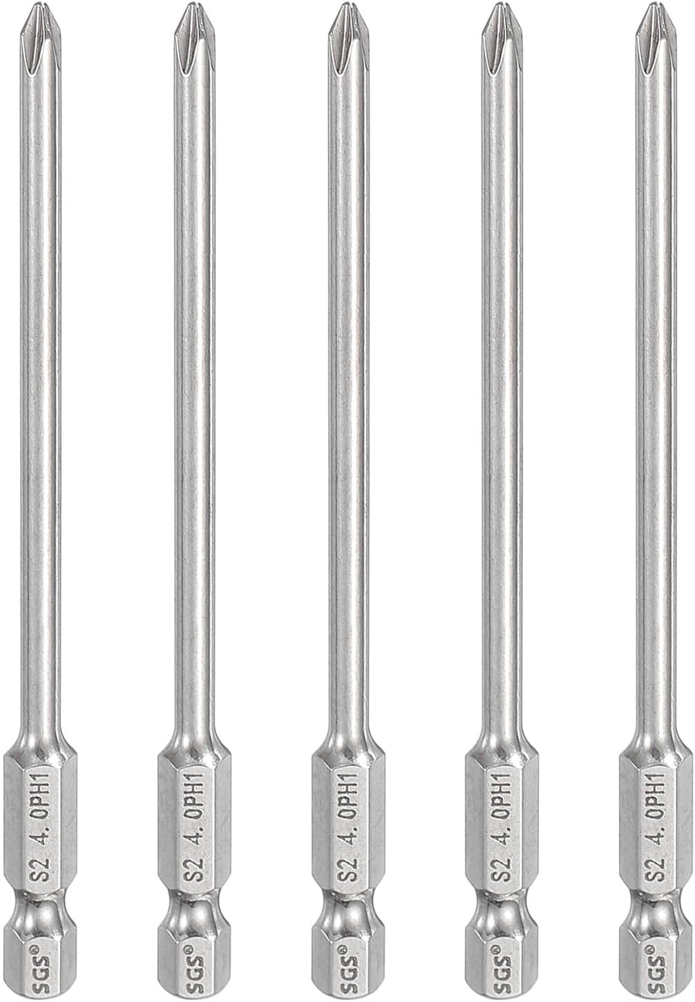 HARFINGTON 5pcs #1 Phillips Screwdriver Bit PH1 1/4" Hex Shank 4" (100mm) Long 0.16" Rod Magnetic Cross Head Drill Bits S2 Steel Industrial Screw Driver for Power Screwdrivers Drills, Silver
