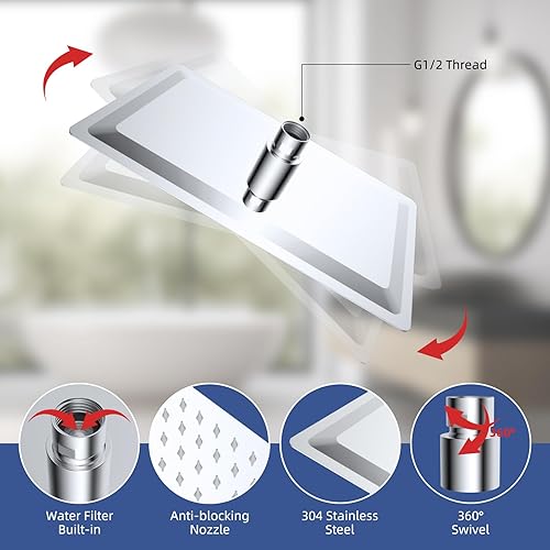 Miniatura 3 de Cabezal de ducha de lluvia de metal de 10 pulgadas con combo de rociador de mano, cabezal de ducha de alta presión con 5 modos de rociador de mano,