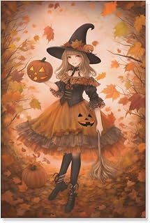 Zbenit Autumn Canvas Decorative Painting - Girl in Witch Hat Holding Broom, Thanksgiving Poster Decorative Painting Canvas Wall Art Living Room Poster Bedroom Painting (Unframed,16x24inch)
