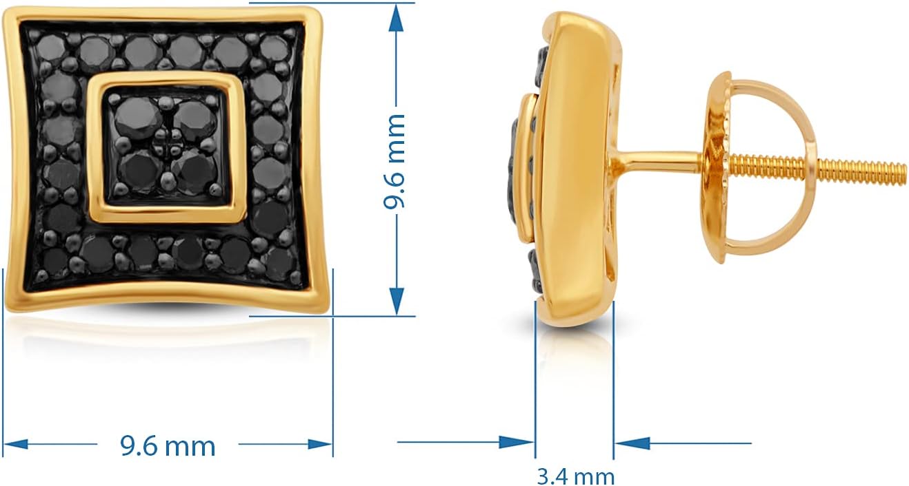 Jewelili 14K Yellow Gold Over Sterling Silver 1/2 Cttw Treated Black Round Diamond Stud Mens Earrings