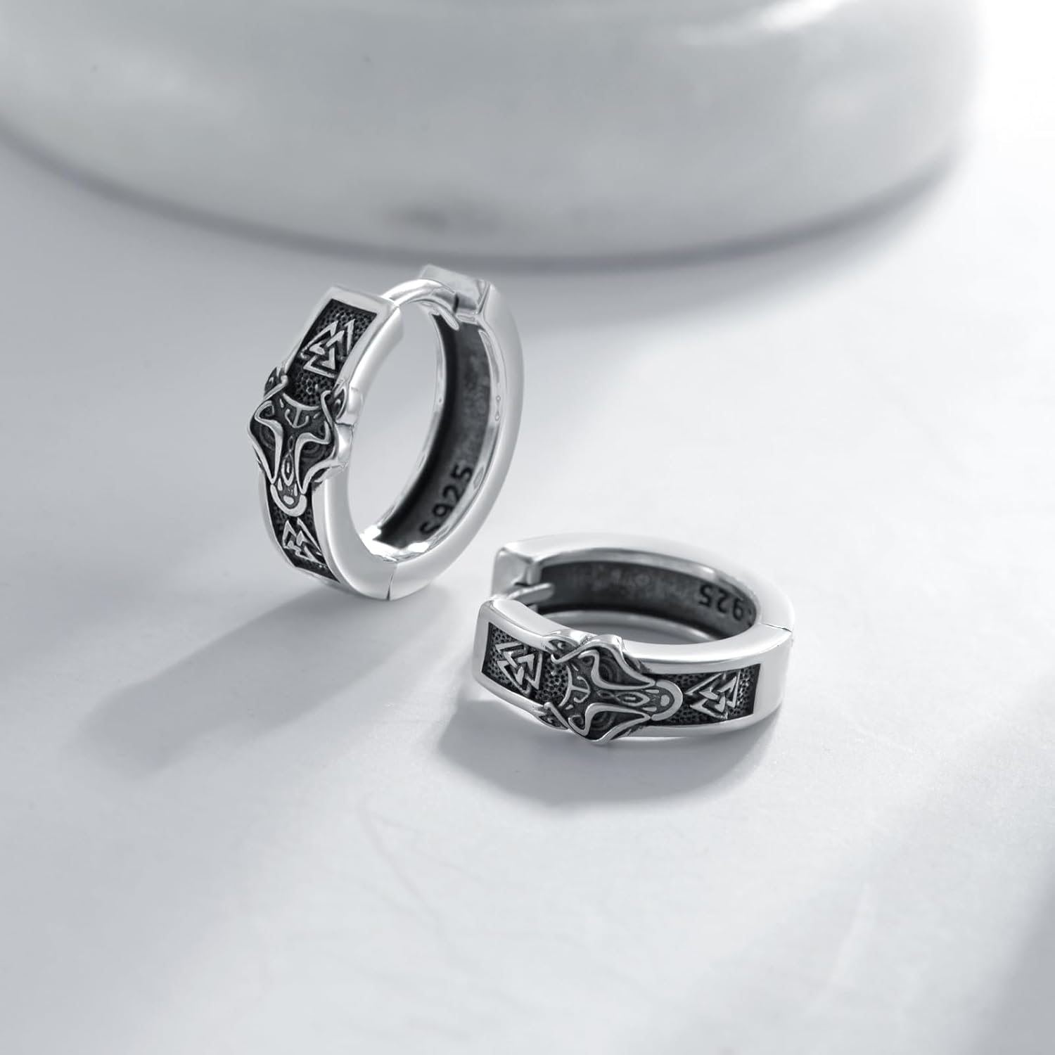 OHAYOO Viking Wolf Hoop Earrings for Men – 925 Sterling Silver Celtic Knot Protection Symbol Huggie Earrings, Nordic Animal Jewelry Gift for Graduation, Father’s Day & Summer Parties - Image 3
