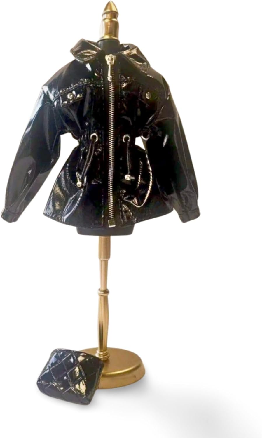 Fashion Doll Patent Leather Jacket and Purse Set, Black Glossy Outfit with Zippers for 11.5-12 inch Dolls, 1/6 Scale BJD Accessories 2pieces