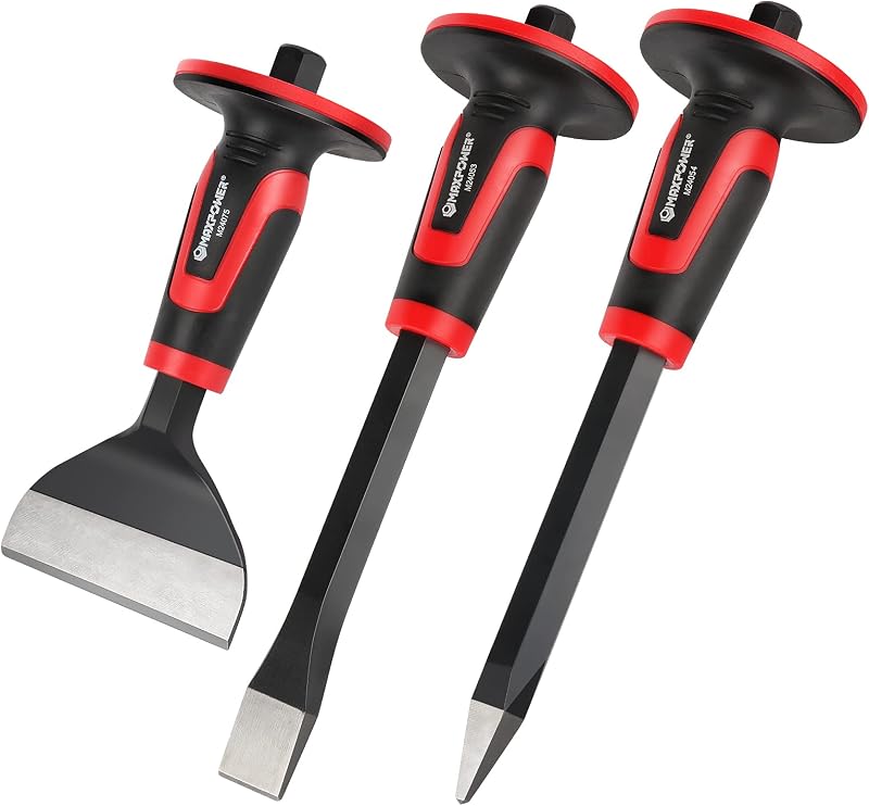 MAXPOWER Masonry Chisels, 11" Point Chisel, Flat Chisels, 8" Brick Chisel | Thick Hand Guards for Demolition, Brick Splitting, and Stone Cutting