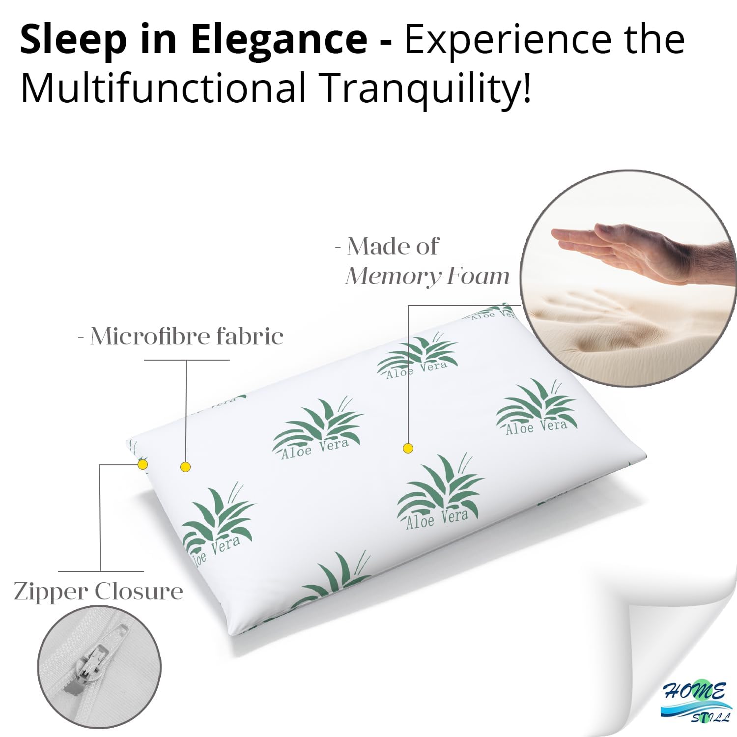 HOME STILL Juego de 2 almohadas de espuma viscoelástica, 40 x 70 x 12 cm, diseño de aloe vera, exterior de microfibra agradable al tacto, soporte para el cuello, sueño profundo y cómodo, lavable a