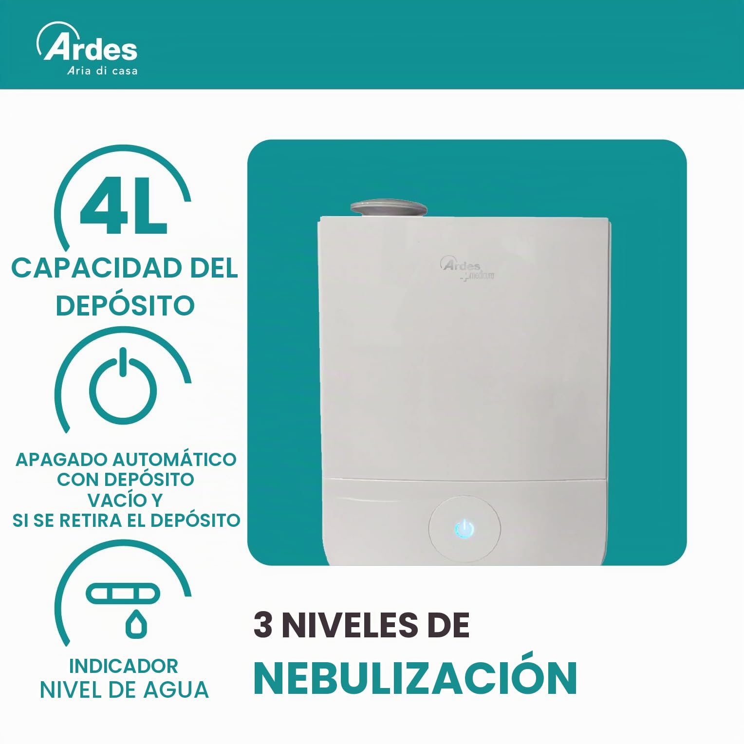 ARDES AR8U10 Humidificador de Ultrasonido NEBULO 30W, Humidificador Profesional Ambientes Casa Oficina Capacidad 4 Litros, 3 Niveles de Vapor con Gran Mando Táctil, Silencioso y Elegante, Blanco