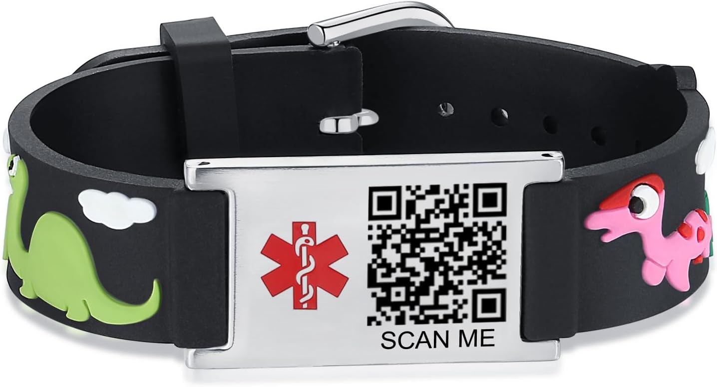 LinnaLove Medical Alert ID Bracelet – Custom or Pre-Engraved, QR Code Available,Blue Dinosaur Band