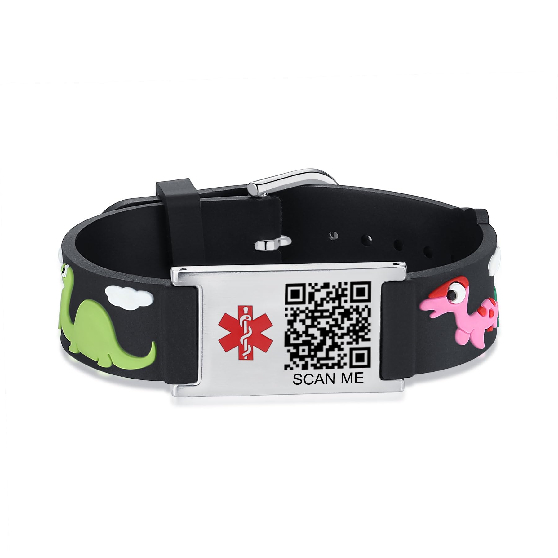 LinnaLove Medical Alert ID Bracelet – Custom or Pre-Engraved, QR Code Available,Blue Dinosaur Band