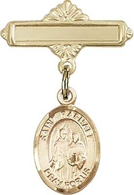 Gold Filled Baby Badge with St. Raphael The Archangel Charm and Polished Badge Pin 1 X 5/8 inches
