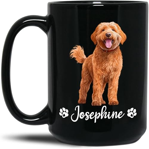Taza de café con nombre personalizado, regalo para los amantes de Labradoodle Brown, taza de café negra Labradoodle personalizada de 11 onzas y 15