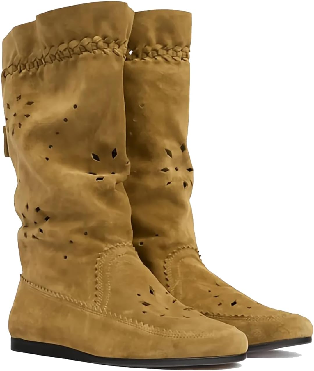 Women's Laser-Cut Mid Calf Boots Round Toe Pull On Wide Calf Flat Perforated Western Cowboy Boots
