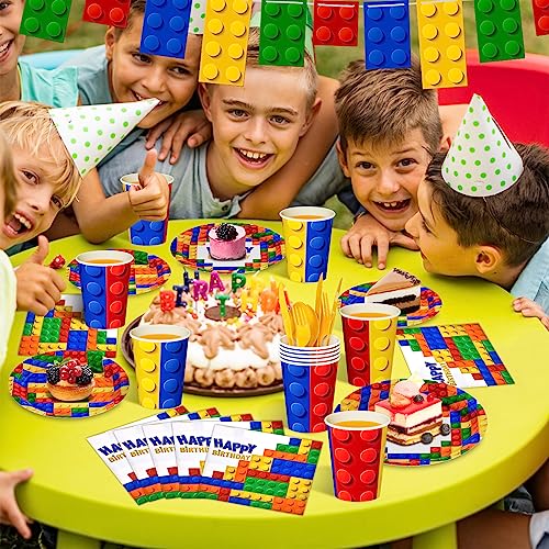 Dylives 180 Pcs Building Blocks Birthday Party Supplies, Building Block Party Decorations Kids Boys Disposable Tableware, Colorful Block Banner, 9" And 7" Plates And Napkins Cups Cutlery, Serve 24 #TOP4