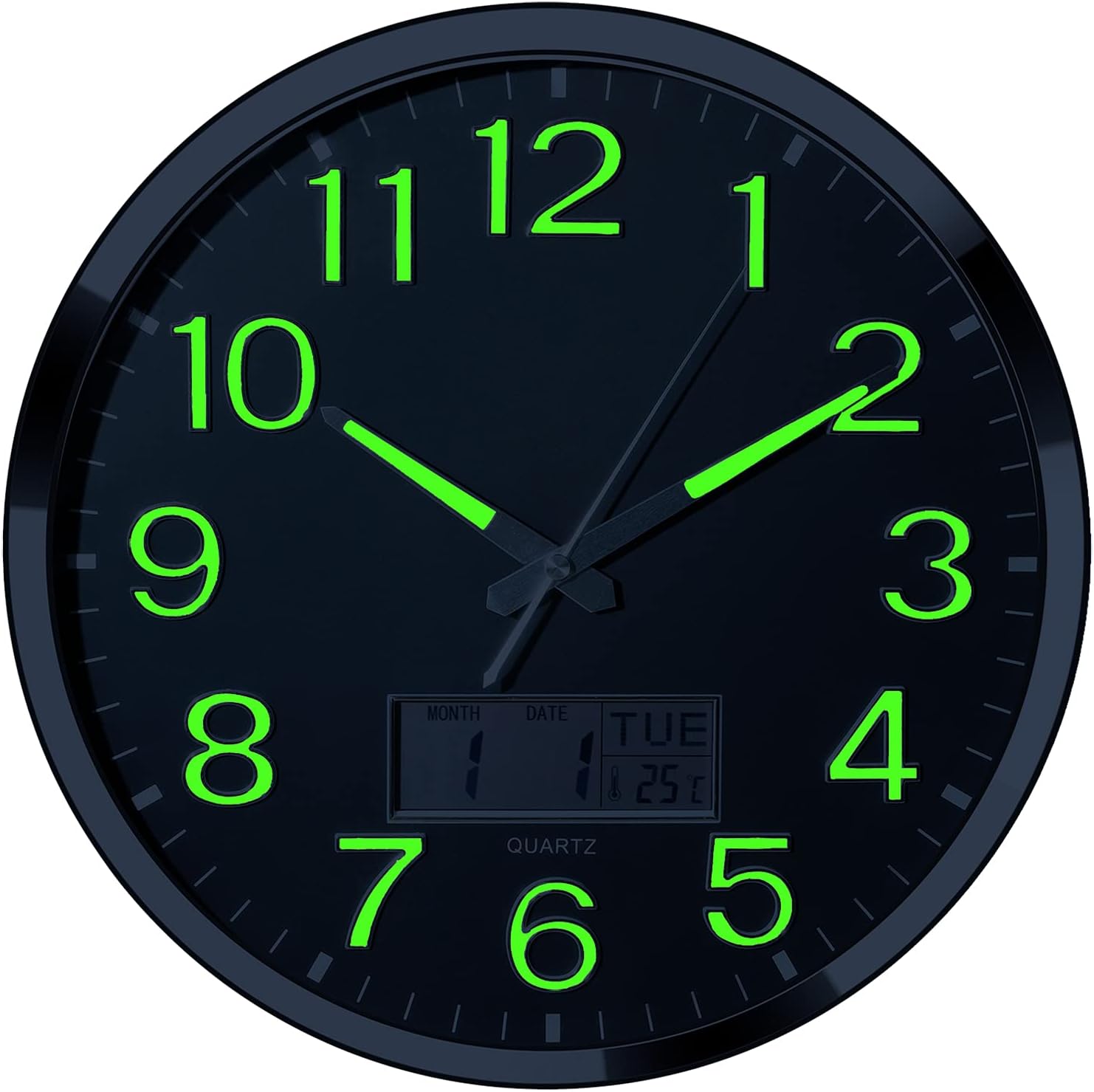 Night Light Wall Clock, 14’’ Large Bedroom Wall Clocks with Glowing LCD Display, Silent Battery Operated Clock Decorate Living Room, Digital Wall Clocks Display Date Week Temp (Green)