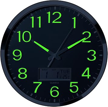 Plumeet Night Light Wall Clock, 14 Large Bedroom Wall Clocks with Glowing LCD Display, Silent Battery Operated Clock Decorate Living Room, Digital Wall Clocks Display Date Week Temp Green