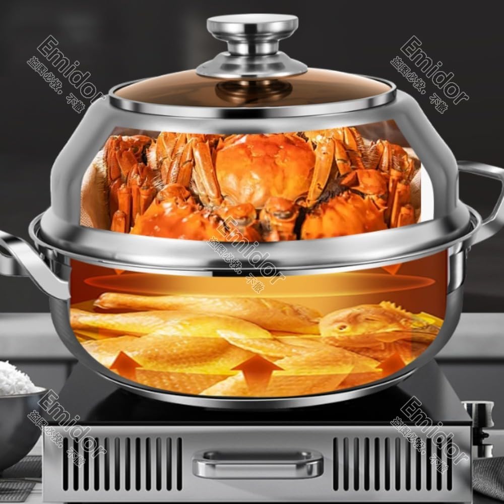 スチームクッカー、業務用蒸し器、ガラス蓋とステンレススチールの3層ベース付き、電磁調理器やその他の熱源に適しています。 (30cm)