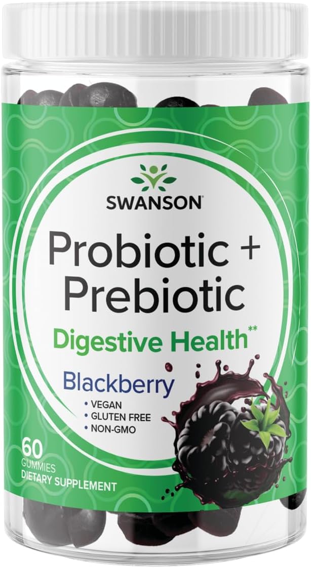 Swanson Probiotic + Prebiotic Gummies – Digestive Support Supplement Promoting Digestive Function & Bowel Regularity – Helps to Support Immune Health – (BlackBerry, 60 Gummies)