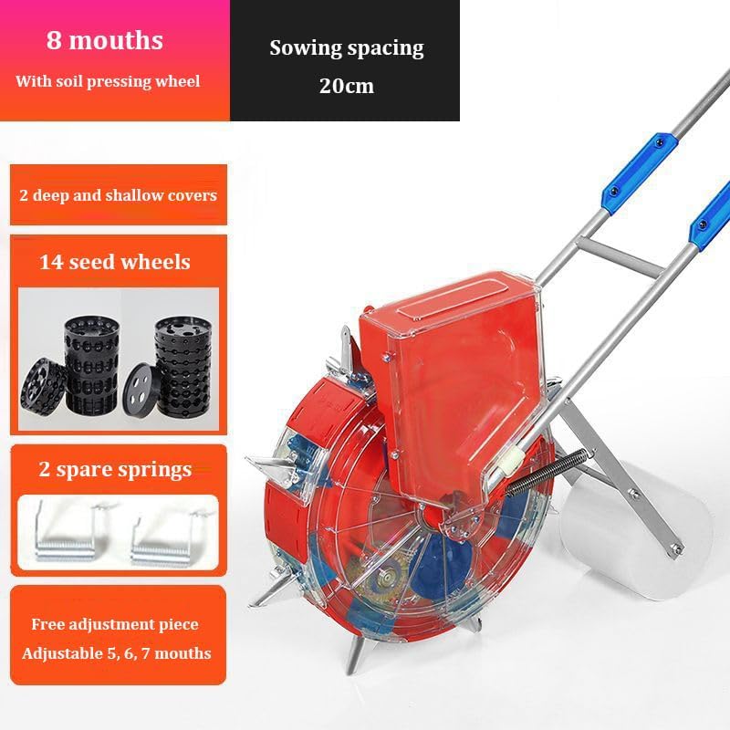 Hand-Push Garden Seeder with Soil Press Wheel, Lawn & Garden Spreader for Corn & Soybean, Roller Seeding & Fertilizer Applicator for Terraces & Hillsides, 8-Month Durability