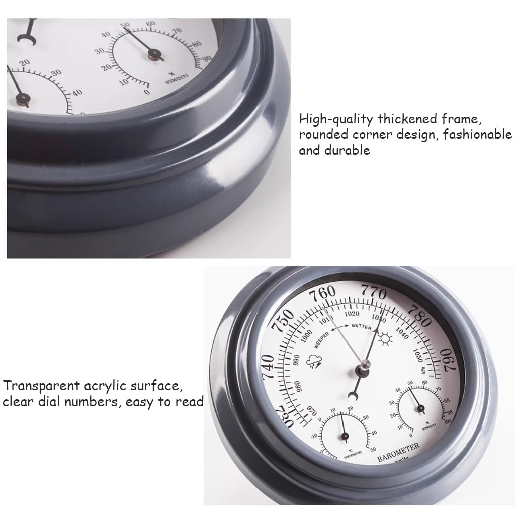 Barometer, Thermometer, Hygrometer, 3-in-1, Wandbarometer aus Stahl, Wetterstation für Zuhause, traditionelle Wetterstation, grau