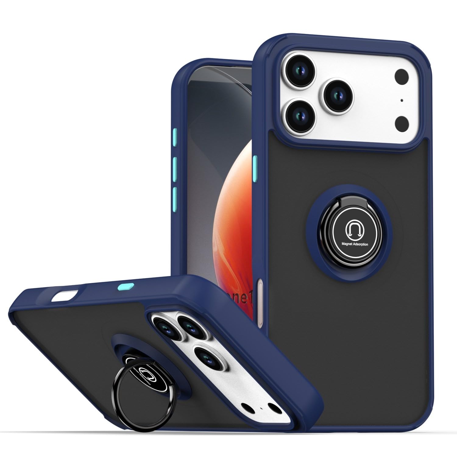 Coque iPhone 16 Plus bleu foncé avec anneau arrière support en silicone rigide - 8