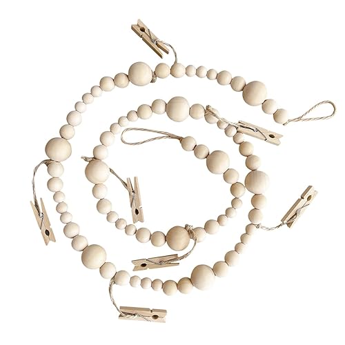 Laroal Wooden Beaded Photo Storage Tassel String Hemp Rope Beaded Clip Photo Lanyard With Clip Wooden Beaded Garland Bohemian Style Photo Display