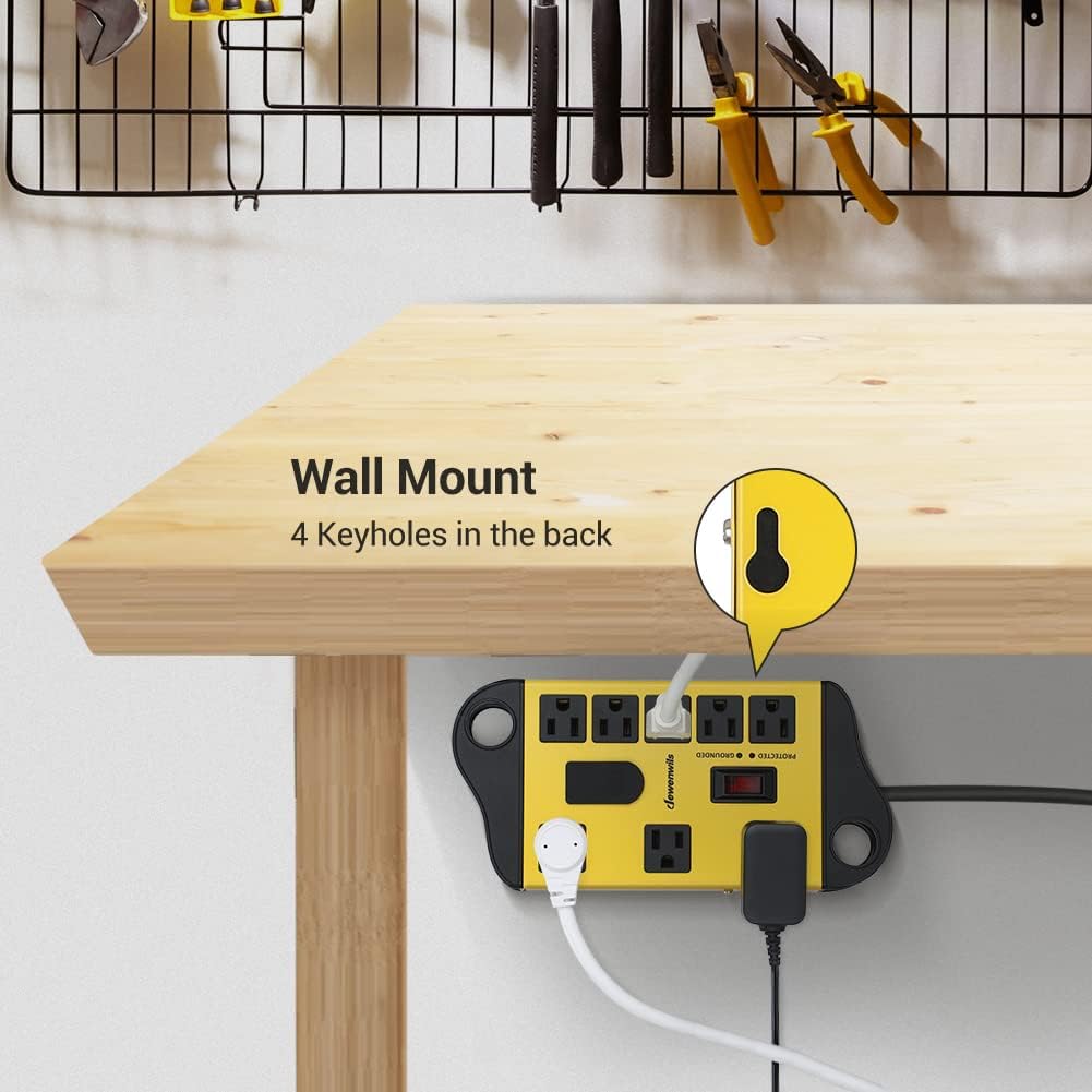 DEWENWILS 8-Outlet Metal Power Strip Surge Protector with 2 USB Ports,15 Ft Flat Plug Extension Cord, Heavy Duty Industrial Power Strip,15A Circuit Breaker, 1440Joules, Wall Mount, UL Listed