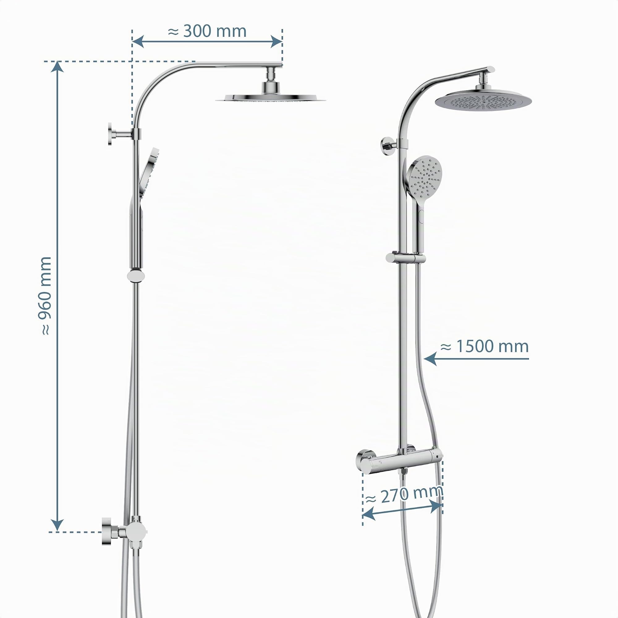 SCHÜTTE MADURA sistema de ducha con termostato, set de ducha con gran rociador de lluvia (Ø 24 cm) y teleducha regulable, set de ducha con barra de ducha, columna de ducha panel de ducha, cromo