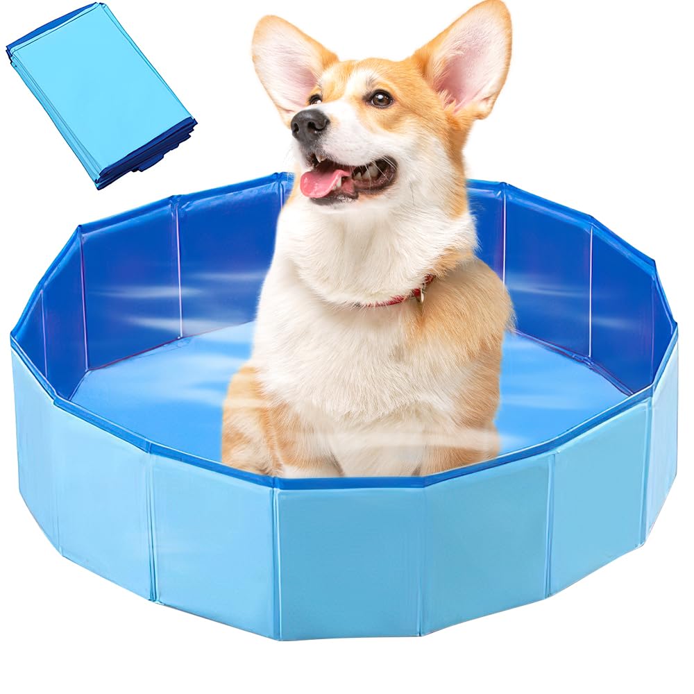 LUFEIS Piscine pour chien 60 x 20 cm Pliable Avec valve de vidange Antidérapante Pour petits chiens et chats Bleu