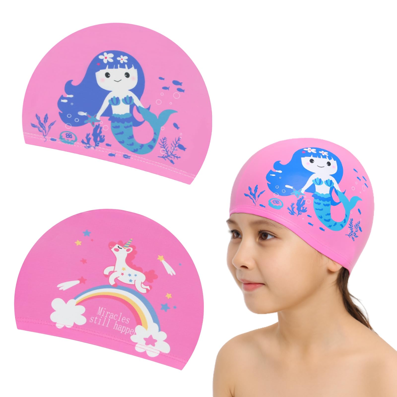 MUNSKT 2 Pcs Pink Girls Swimming Caps, Mermaid & Unicorn Patterns, Waterproof Fabric Swim Hats for Ages 2-8, Soft, Elastic & Stylish for Pool, Beach & Swimming Lessons
