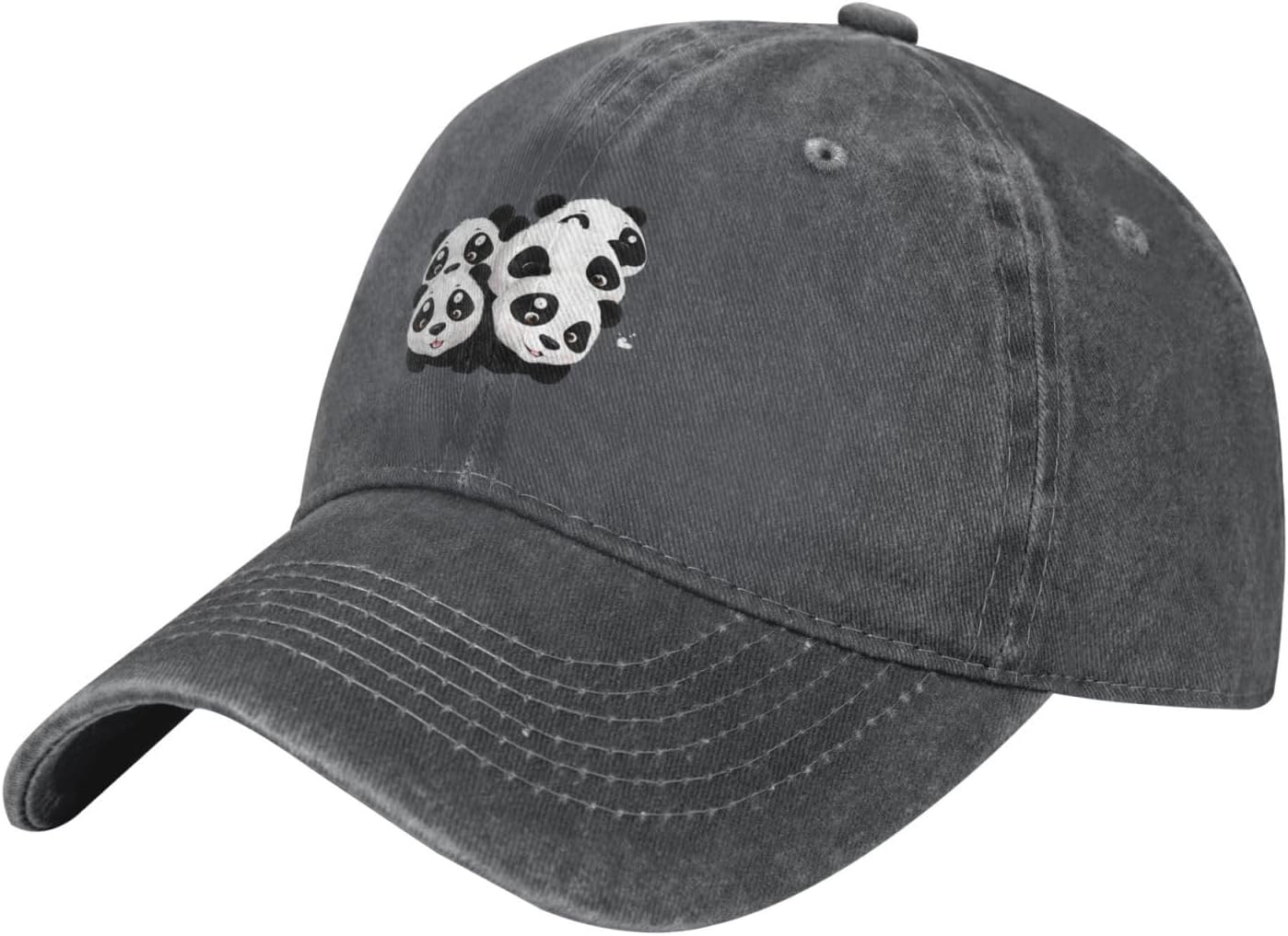 Black Washed Denim Baseball Cap Panda Watching The Fun Printed Adjustable Cotton Hat Breathable & Lightweight