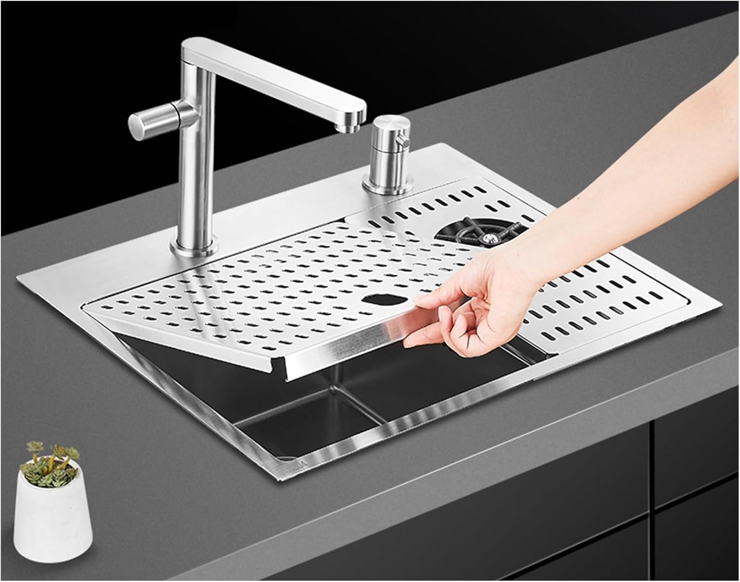 55×43×19 Cm Small Bar Prep Sink, Concealable Kitchen Bar Sink, With Faucet, Cup Washer, Drainable Sink Cover And Drain Set, Black Cup Washing Basin, For Coffee Shops, Offic,Silver-55x43x19cm