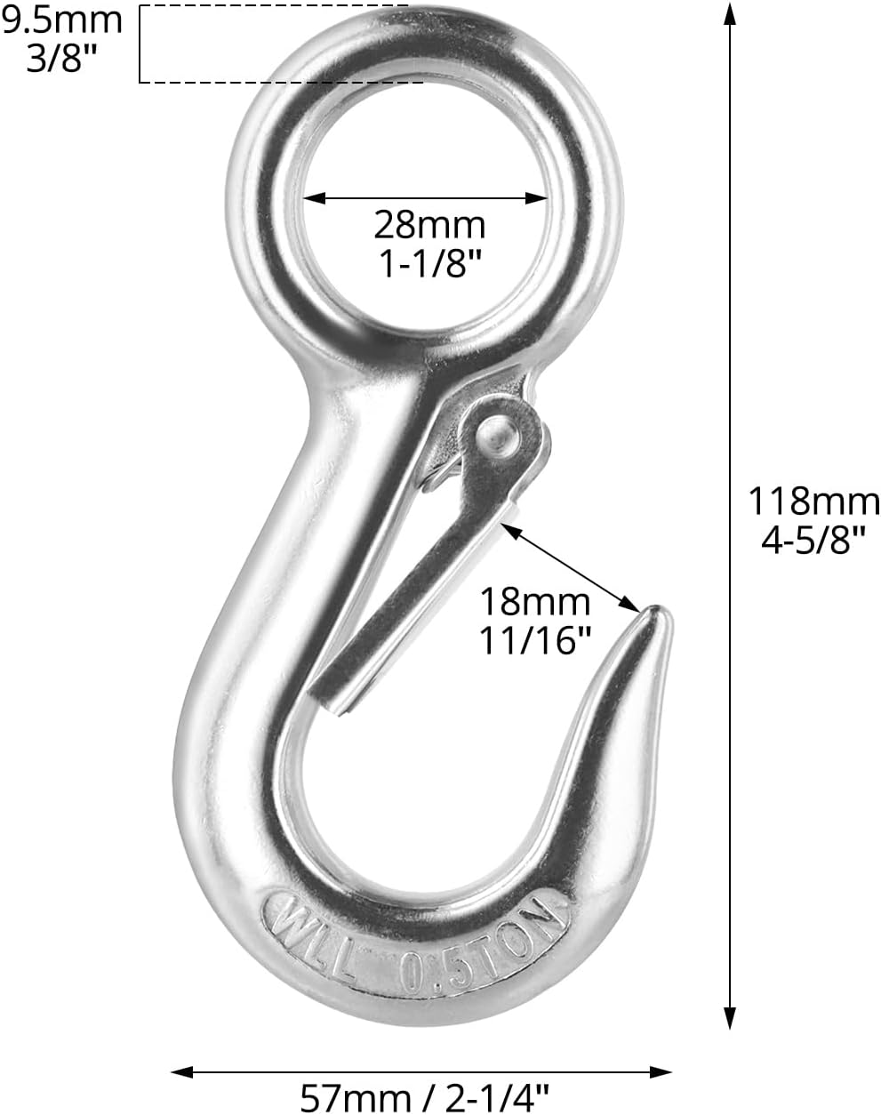 QWORK 304 Stainless Steel Safety Snap Hooks with Fast Eye, Heavy Duty Spring Carabiner Clips, 4 ⅝" Total Length, 1⅛" Round Eyelet, 1100 lbs Load, for Boats, Carabiners, Slip Hooks, 4 Pcs