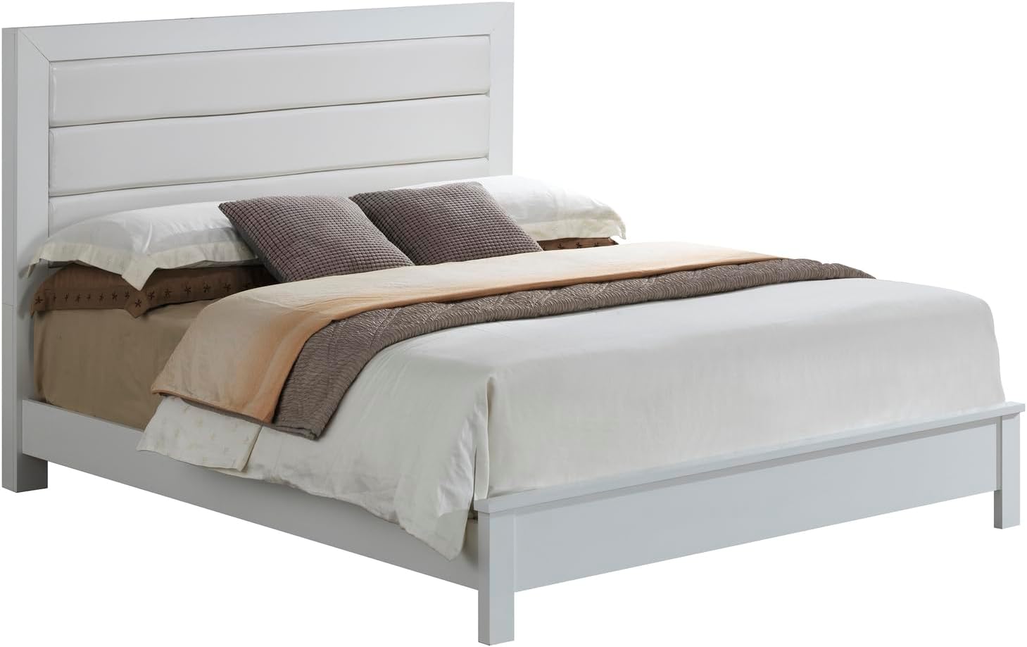 HomeStock Queen Bed with Faux Leather Headboard - 64x87x48 Inch Platform Bed Frame - Renaissance Revival Design