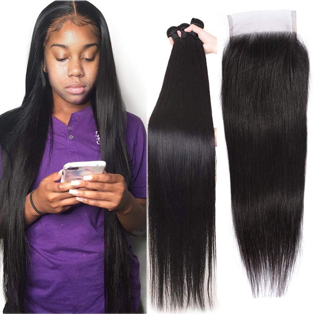 Peruvian Straight Hair 3 Bundles With Closure Unprocessed Virgin Human Hair Bundles With Lace Closure Free Part 8A Hair Extensions Queen Plus Hair (24 26 28 with 16inch, free part)
