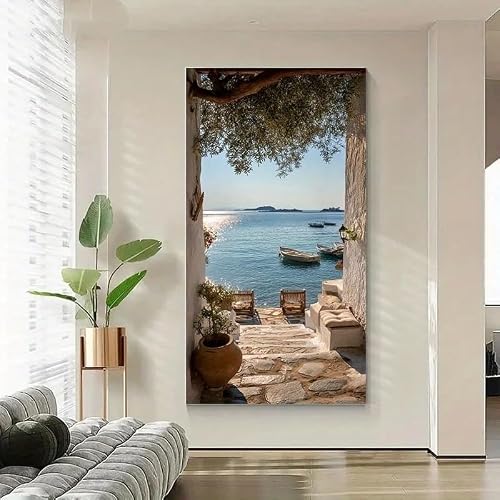 LTjiajuypd Modern Canvas Prints Wall Art Seaside Retreat with A Stone Pathway and Wooden Chairs Rooms Decor(55X110cm)