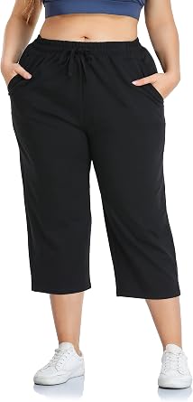 ZERDOCEAN Womens Plus Size Active Yoga Sweatpants Cotton Jersey Capris Athletic Crop Pants with Pockets Drawstring