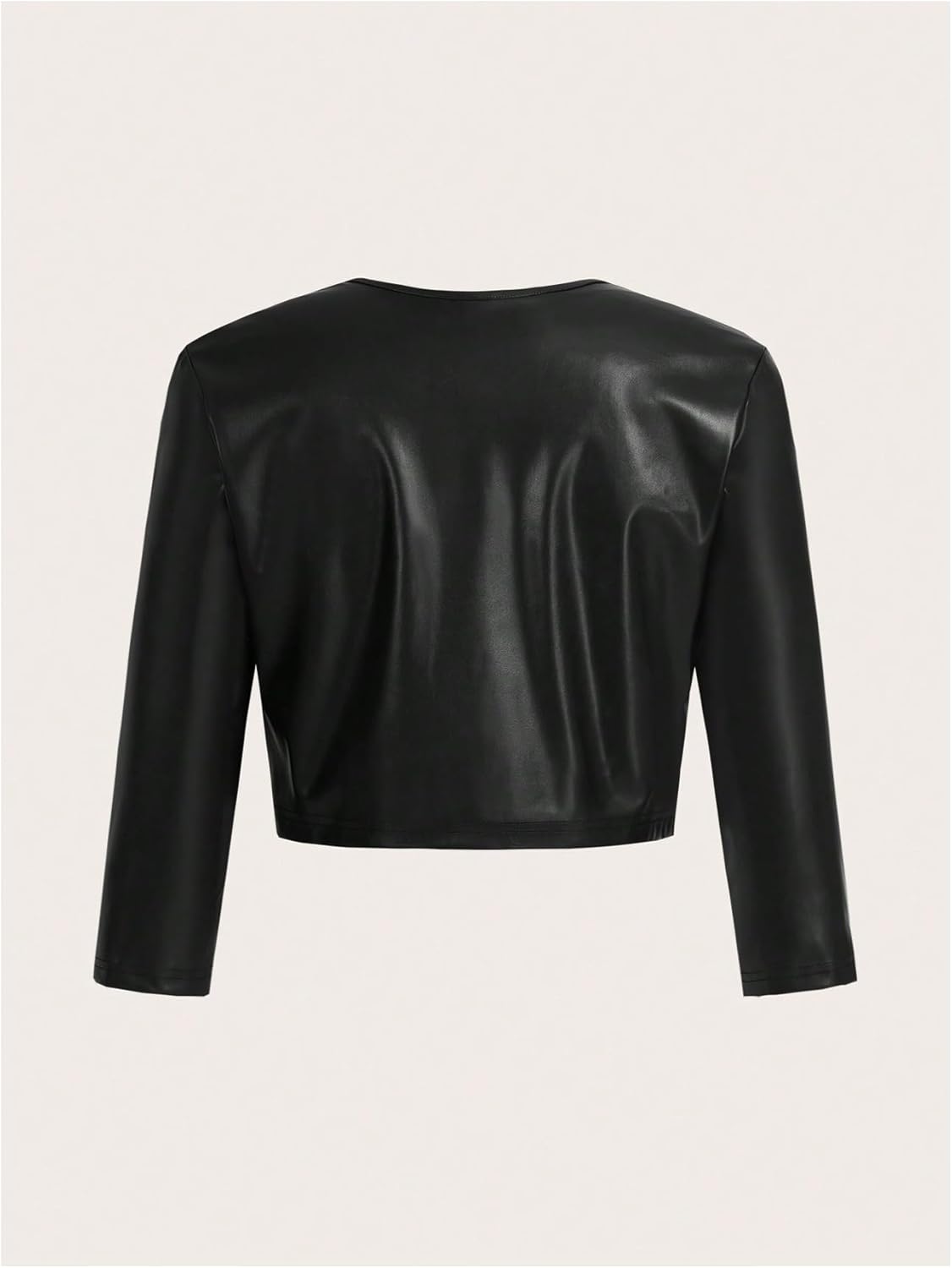 MakeMeChic Women's PU Leather Cropped Jacket 3/4 Sleeve Pleated Open Front Coat Outerwear - Image 2
