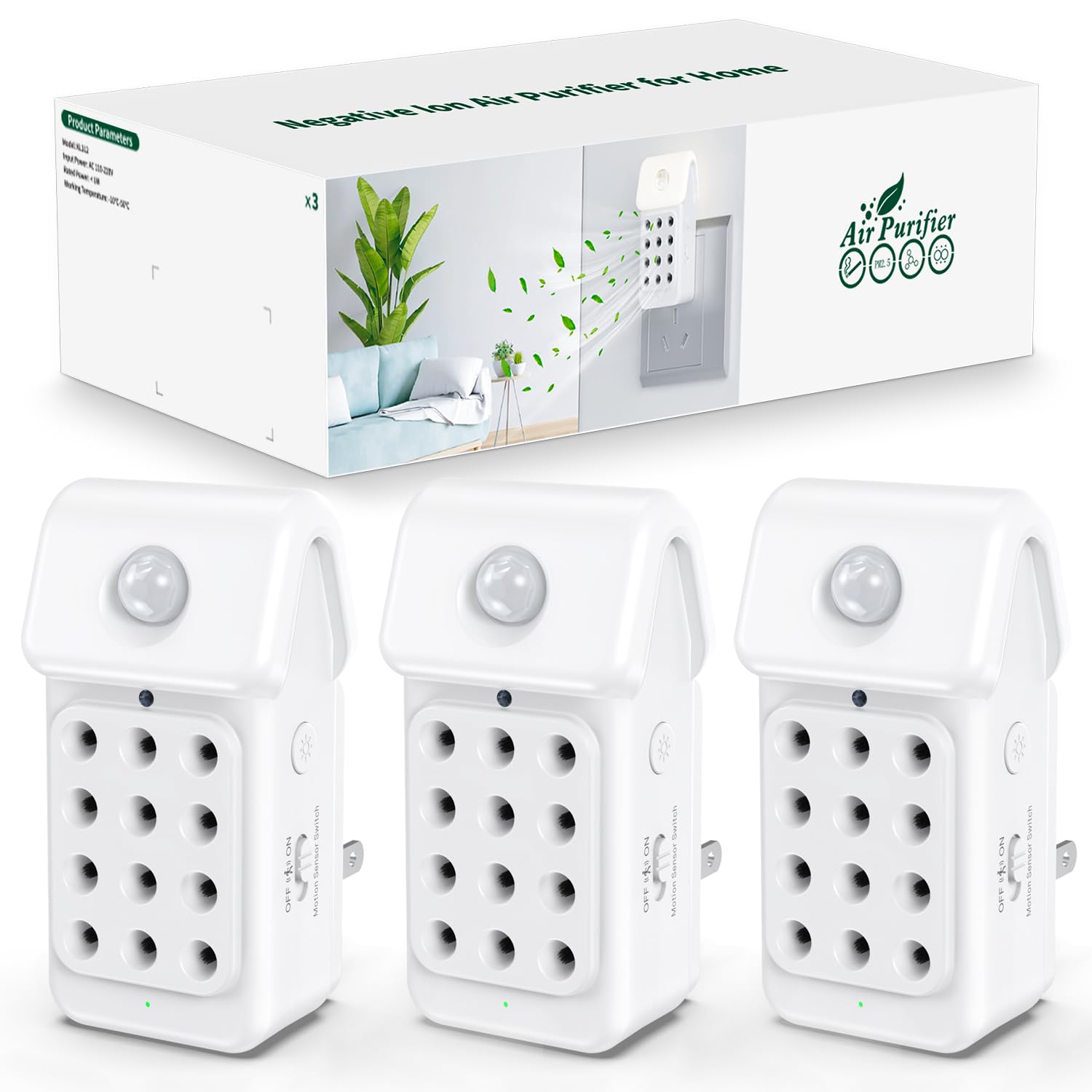 Jostart Purificatore d'aria allergico per appartamento, confezione da 3 purificatore d'aria con sensore luce per camera fumatori camera cucina bagno camera animali domestici
